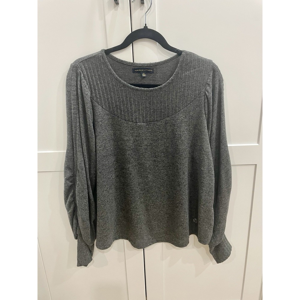 Adrienne Vittadini 1X Gray Balloon Sleeve Ribbed Yoke Knit Sweater EUC